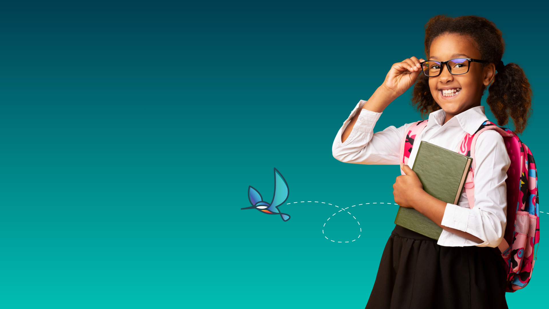 Back to School image with a young mixed heritage girl holding her glasses whilst dressed in school uniform holding books