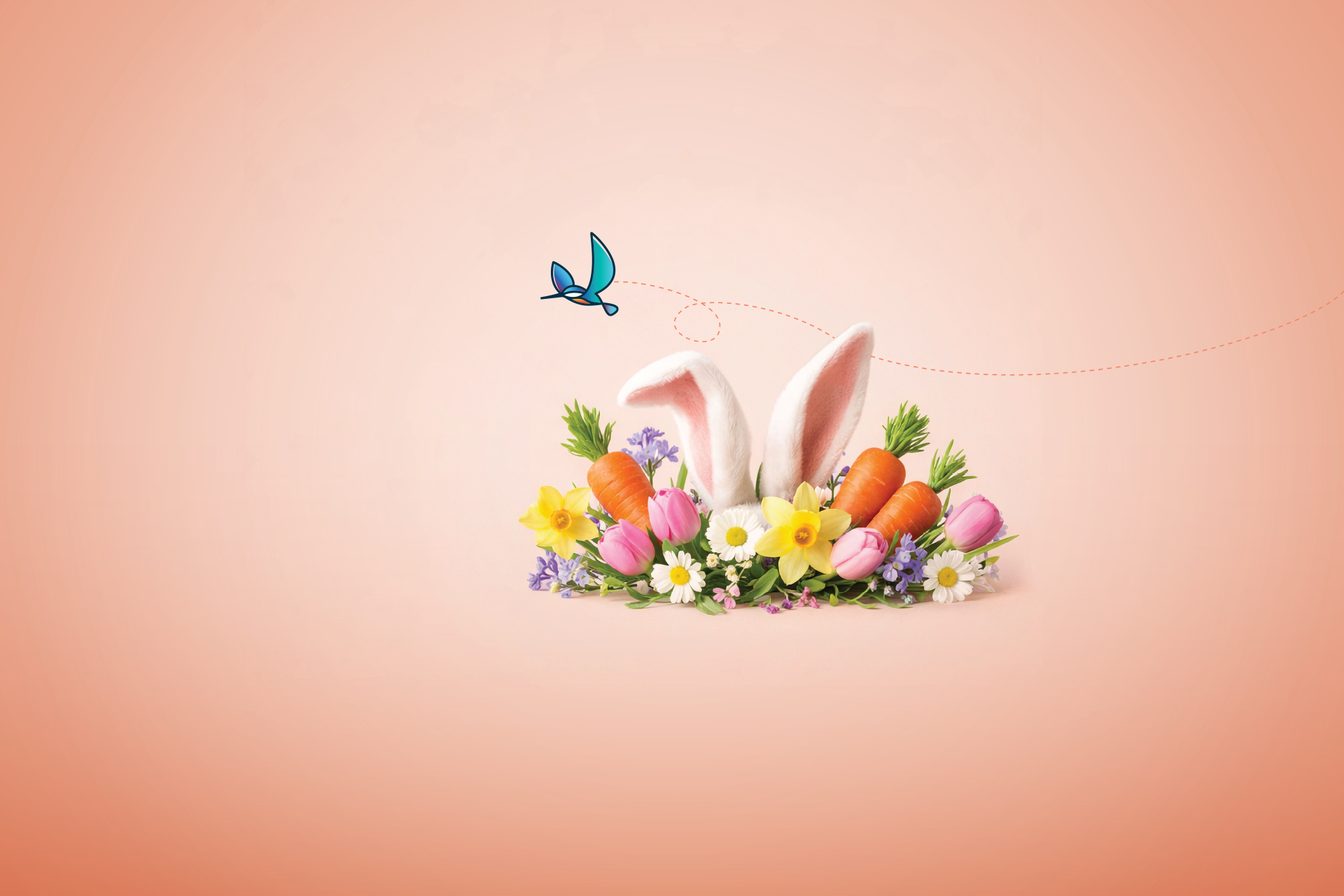 An Easter themed image with bunny ears and seasonal flowers.
